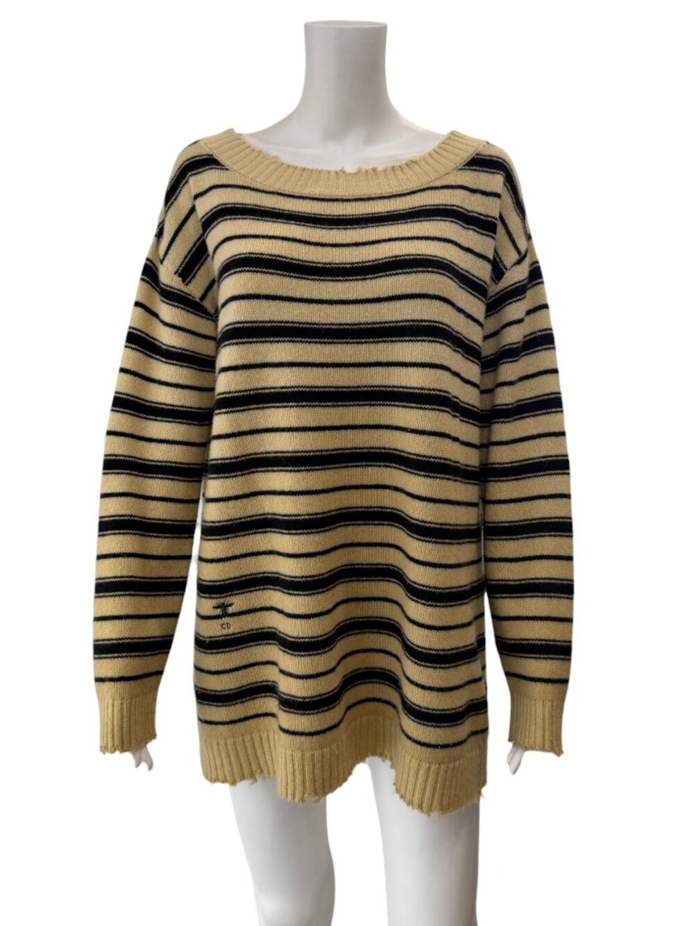 Christian Dior Beige Black Stripe Cashmere Distress Edge Bee Sweater sz 6/FR 38